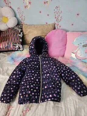 Lupilu   Kids Navy Puffer Jacket with Shiny Pink Heart Print